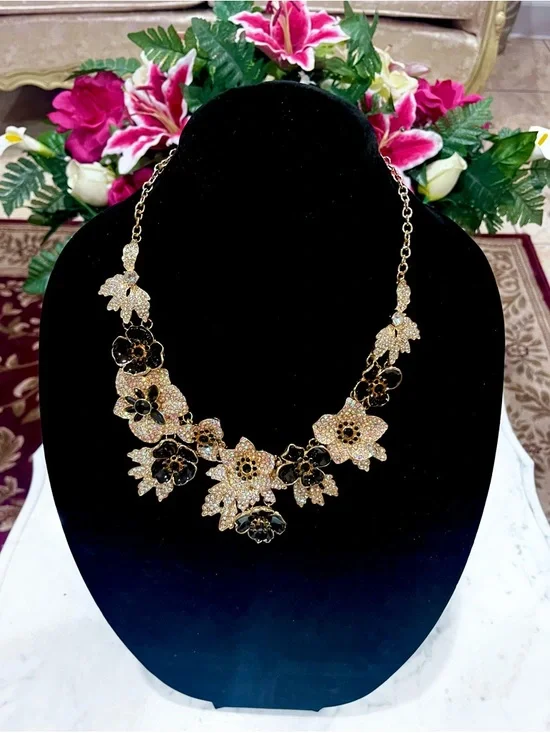 Natasha Couture Gold and Black Floral Crystal Statement Necklace - Picture 3 of 9